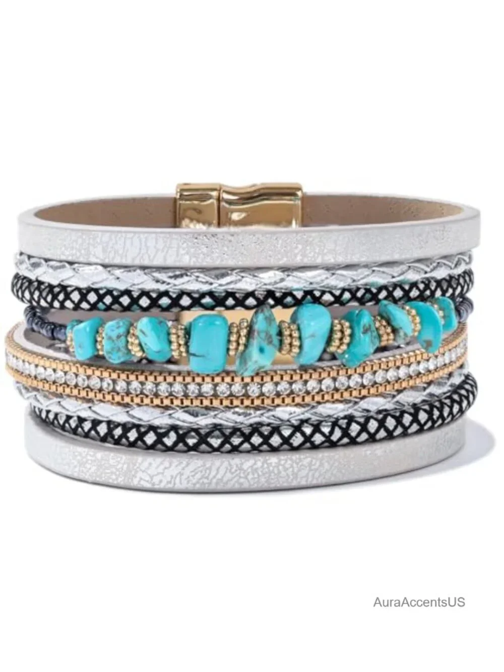 Turquoise Beaded Leather Wrap Bracelet Boho Cowgirl Stackable Magnetic Clasp